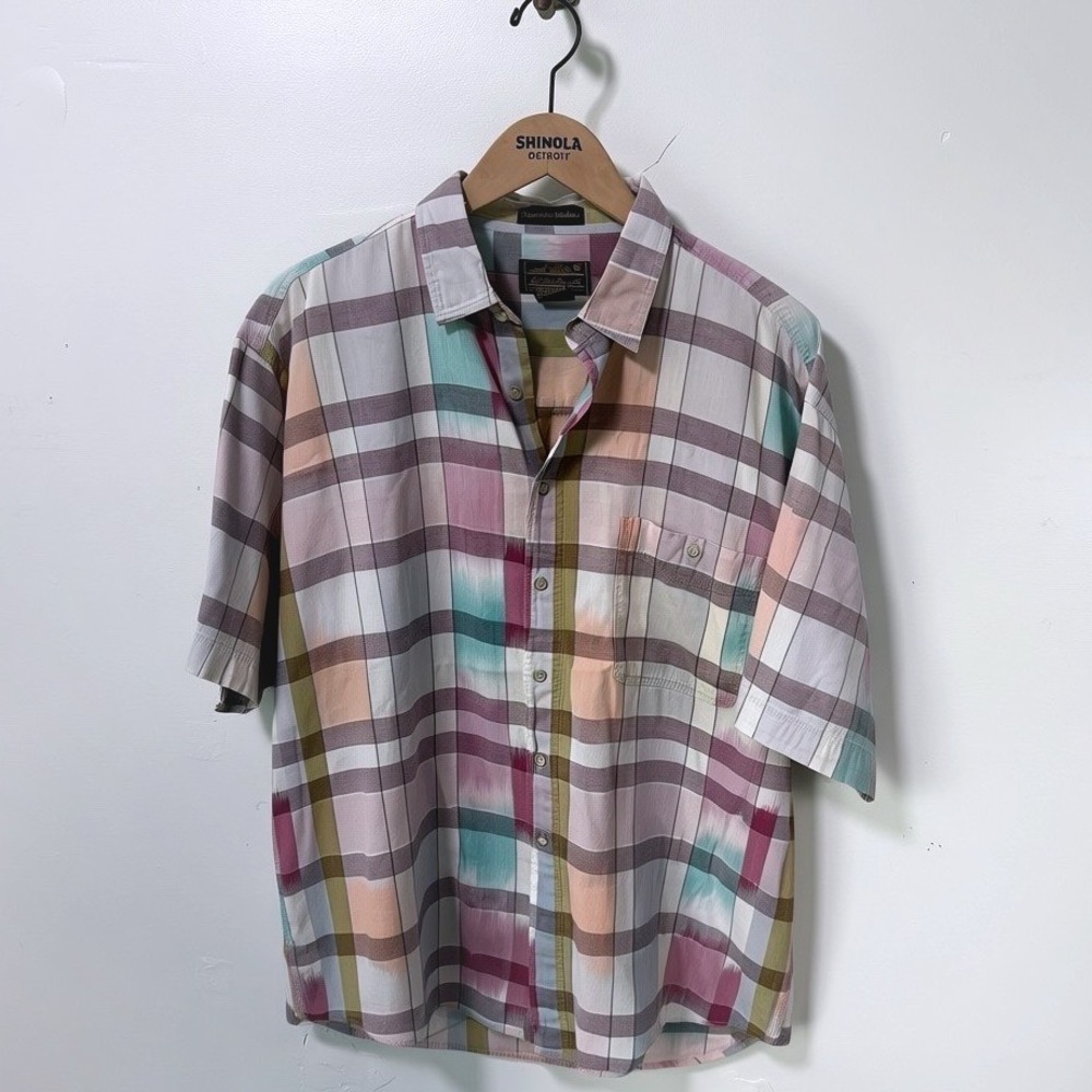 Vintage Eddie Bauer Superior Madras Shirt XL Mens Short Sleeve Plaid Preppy Ikat
